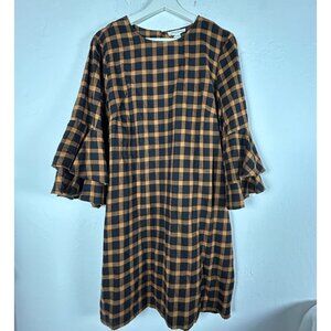 Beach Lunch Lounge Plaid Black Brown Ruffle Sleeve Delphina Dress Large New